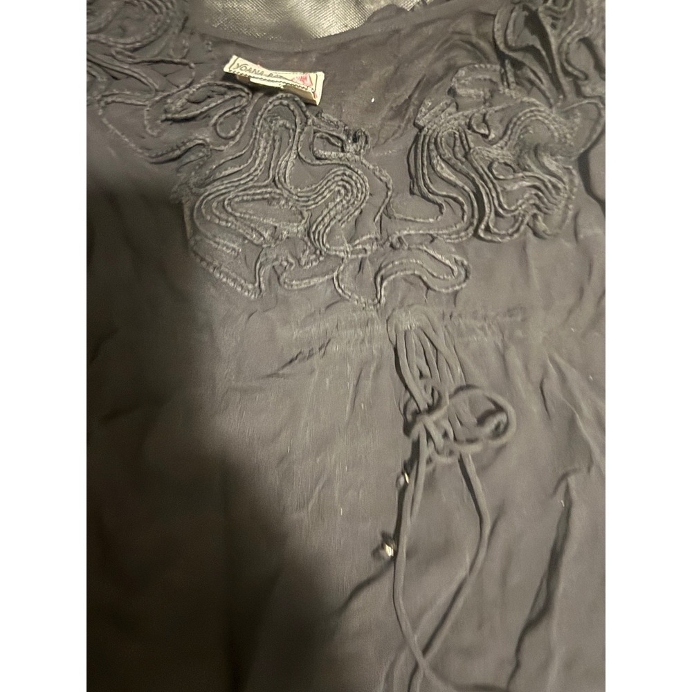 Yoana Baraschi Black Rosette Ruffle V-Neck Sleeveless Top XS Drawstring‎ Detail